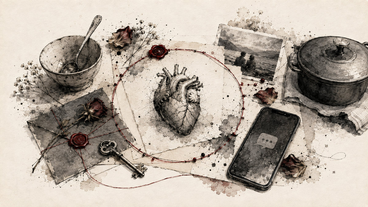 Ink and watercolour still life: a kitchen bowl and covered pot, a sealed envelope with a dried rose, an old key, a faded photograph of two figures, and a phone lit with a single message bubble, all encircled by a red thread
