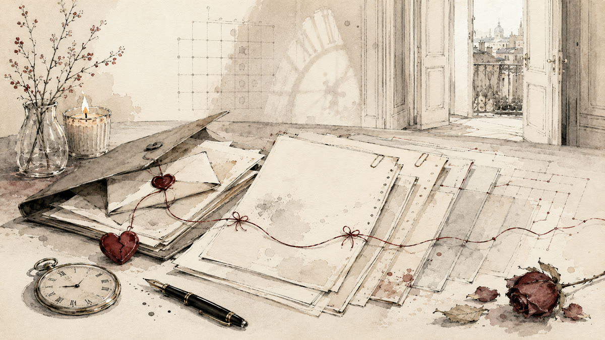 A folder of manuscript pages tied with red thread beside a pocket watch and an open balcony door